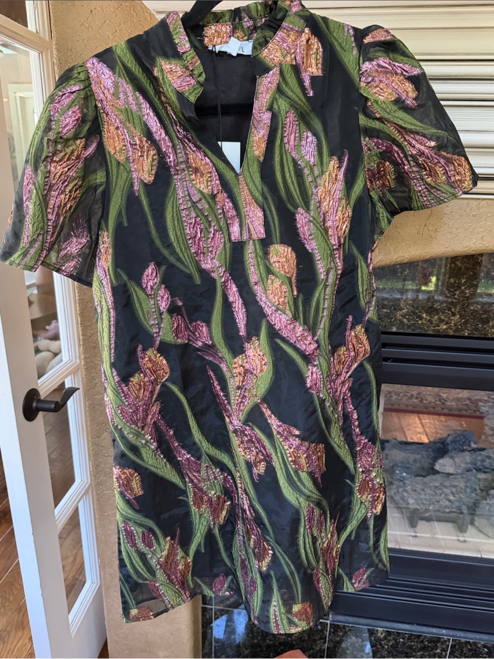 THML Black Midi Dress with Pink and Green Metallic Floral Embroidery